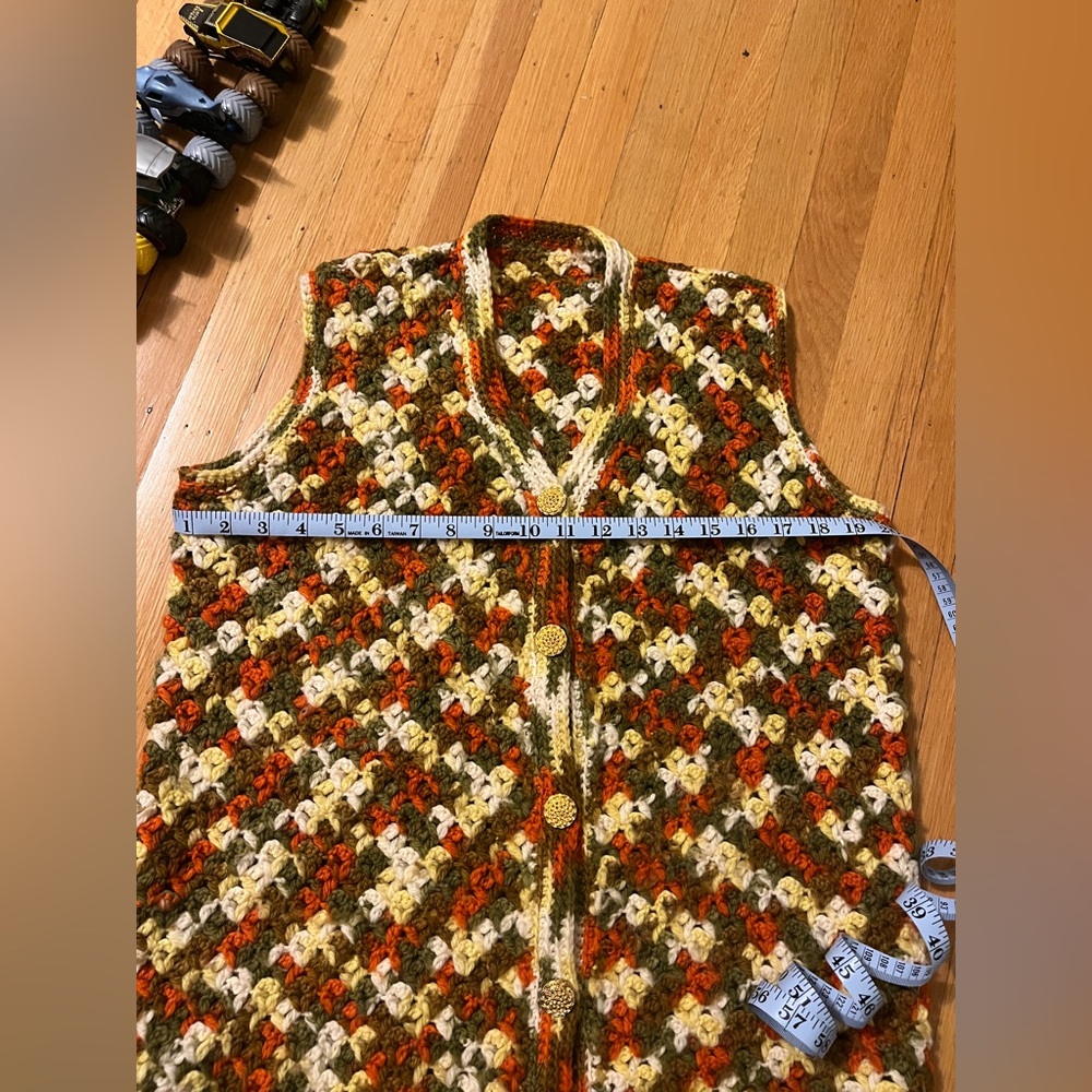 Hippie handmade crochet afghan sweater vest M 70’s L S orange green vintage fall - Picture 4 of 6